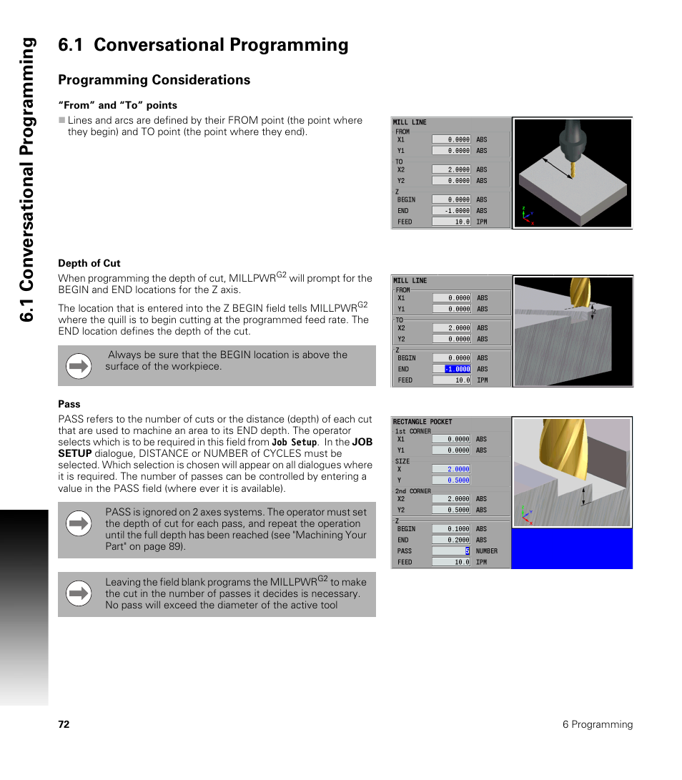 1 conversational programming, Programming considerations, From” and “to” points | Depth of cut, Pass, From” and “to” points depth of cut pass | ACU-RITE MILLPWRG2 User Manual | Page 90 / 214