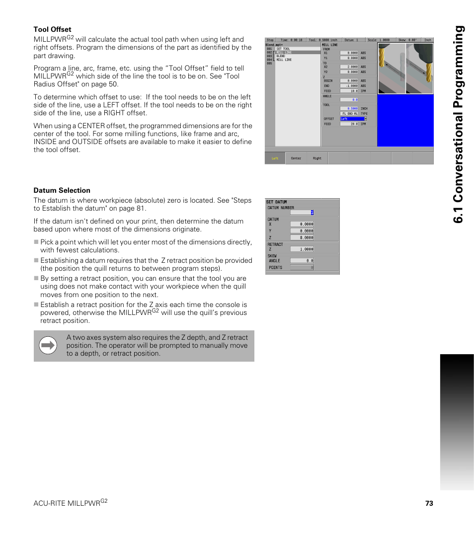 Tool offset, Datum selection, Tool offset datum selection | 1 con v ersational pr ogr a mming | ACU-RITE MILLPWRG2 User Manual | Page 91 / 214