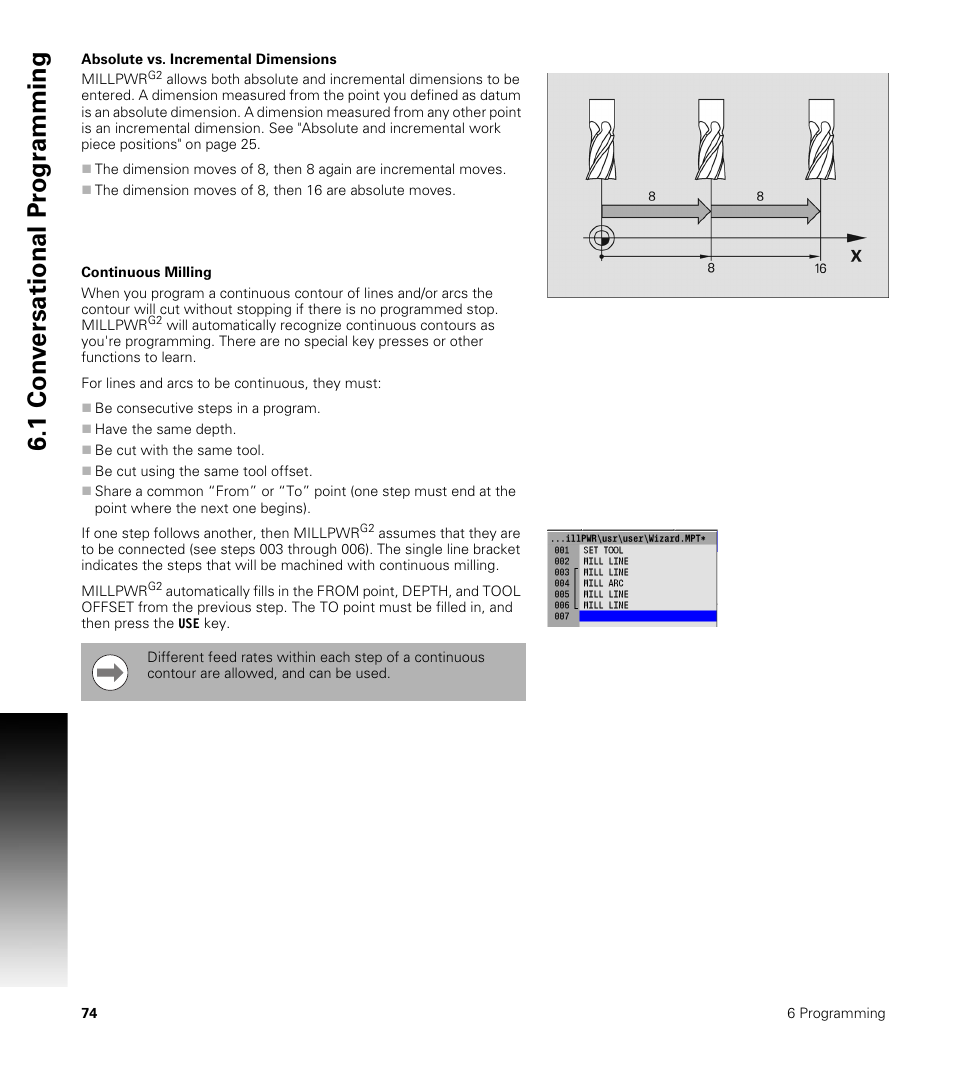 Absolute vs. incremental dimensions, Continuous milling, 1 con v ersational pr ogr a mming | ACU-RITE MILLPWRG2 User Manual | Page 92 / 214