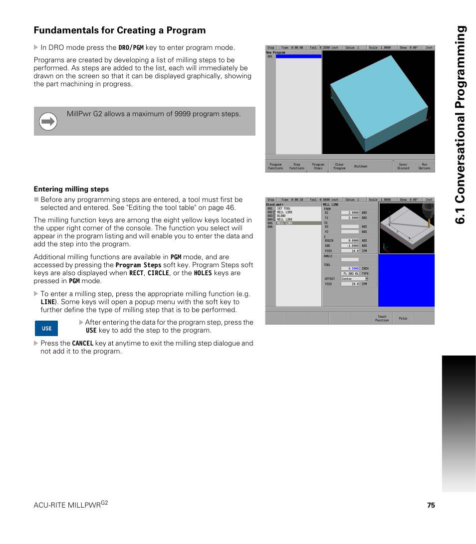 Fundamentals for creating a program, Entering milling steps, 1 con v ersational pr ogr a mming | ACU-RITE MILLPWRG2 User Manual | Page 93 / 214