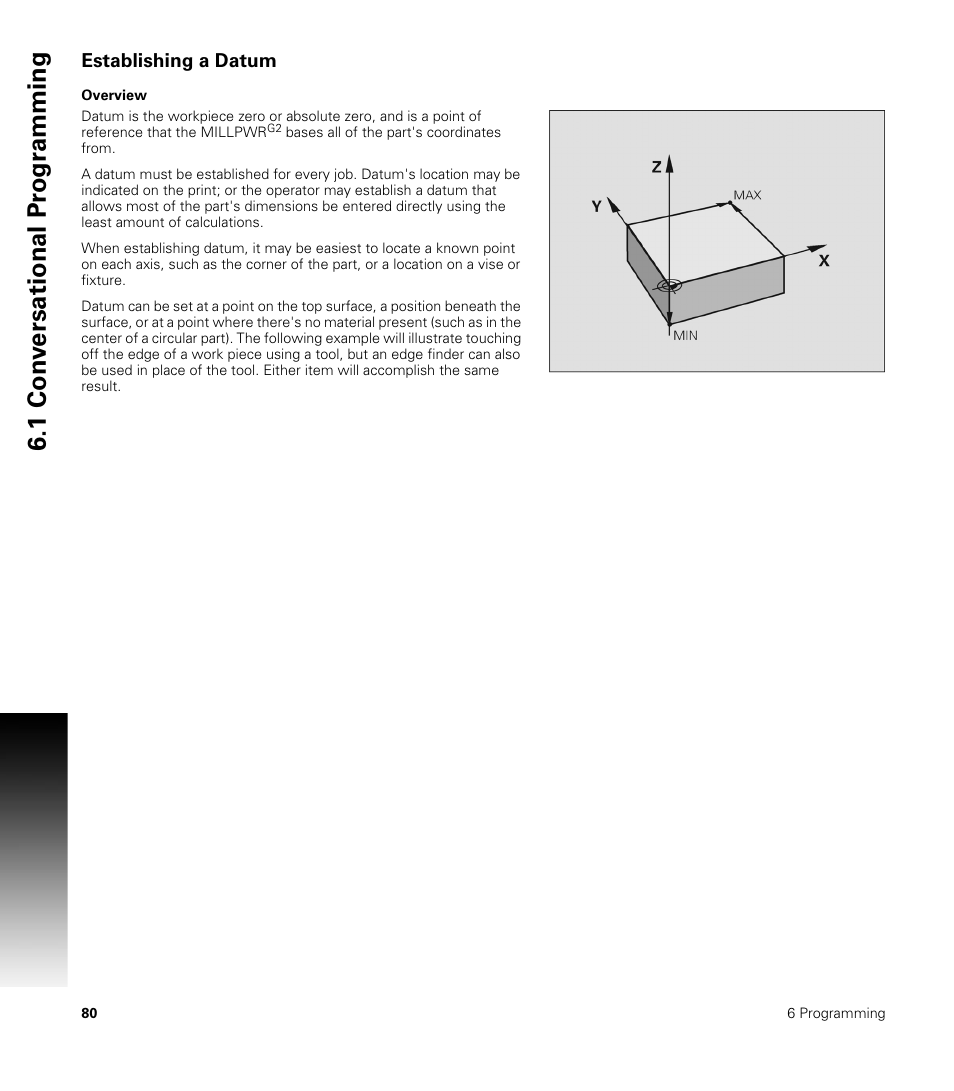 Establishing a datum, Overview, 1 con v ersational pr ogr a mming | ACU-RITE MILLPWRG2 User Manual | Page 98 / 214