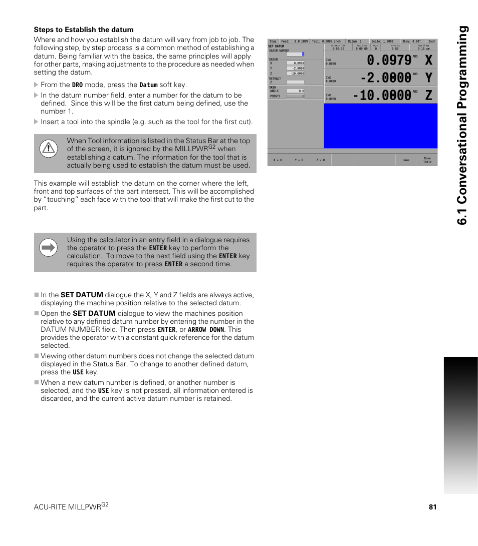 Steps to establish the datum, 1 con v ersational pr ogr a mming | ACU-RITE MILLPWRG2 User Manual | Page 99 / 214