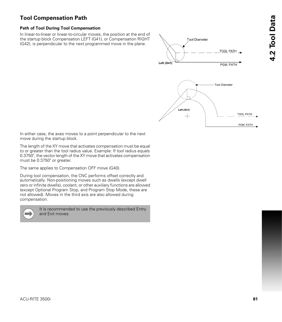 Tool compensation path, Path of tool during tool compensation, 2 t ool d a ta | ACU-RITE CNC 3500i User Manual | Page 107 / 474