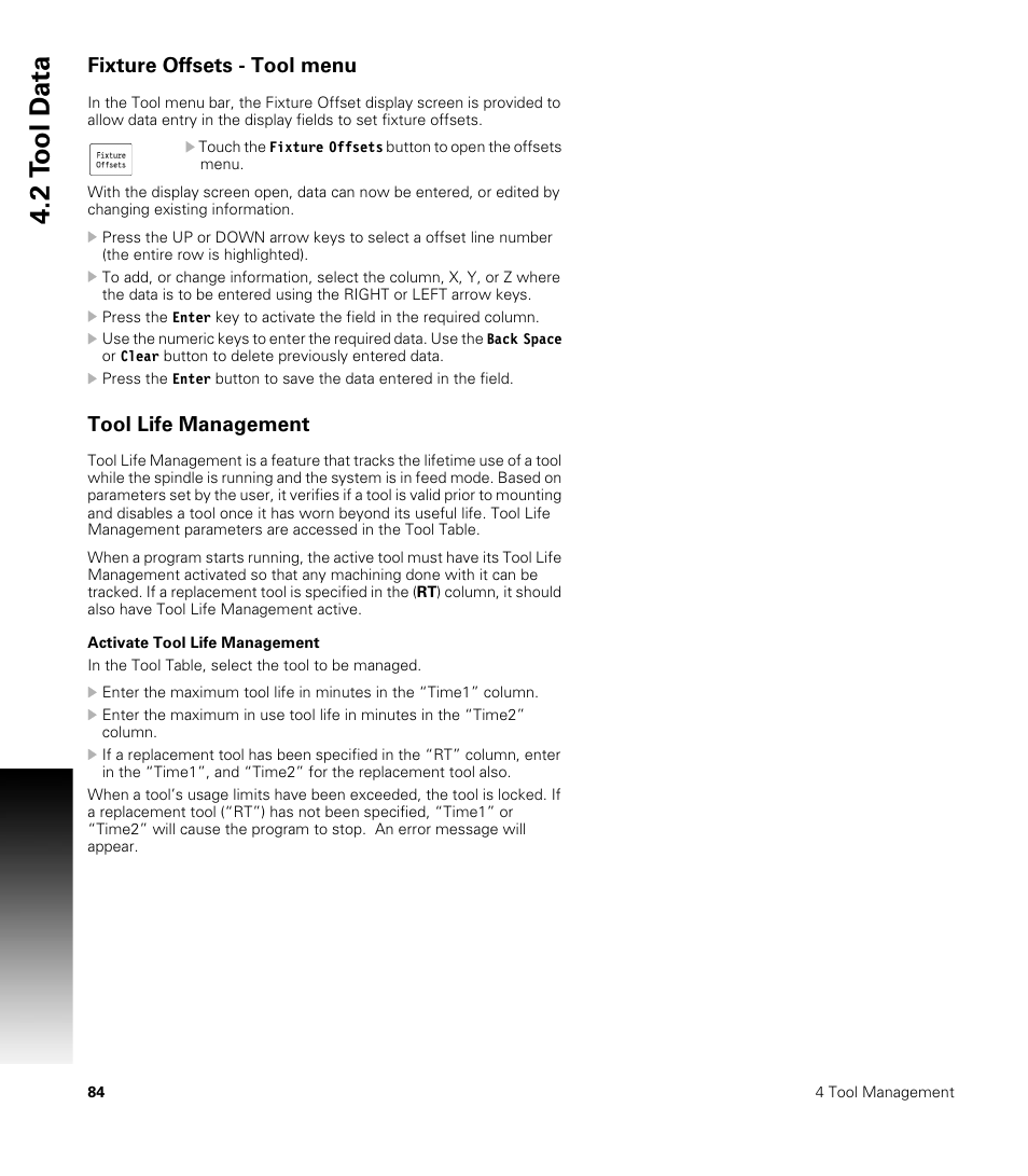 Fixture offsets - tool menu, Tool life management, Activate tool life management | 2 t ool d a ta | ACU-RITE CNC 3500i User Manual | Page 110 / 474