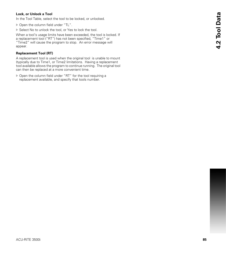 Lock, or unlock a tool, Replacement tool (rt), Lock, or unlock a tool replacement tool (rt) | 2 t ool d a ta | ACU-RITE CNC 3500i User Manual | Page 111 / 474