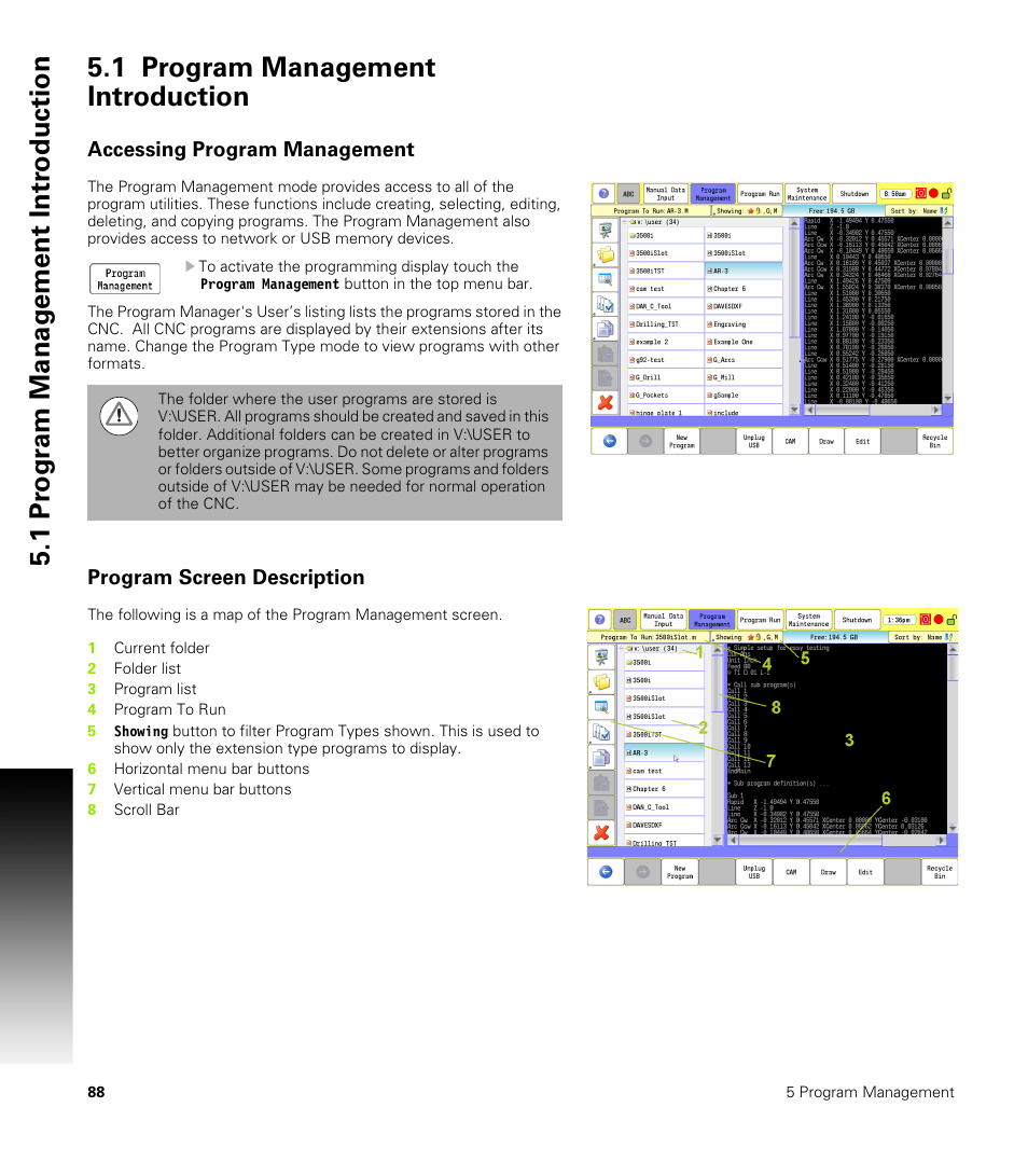 1 program management introduction, Accessing program management, Program screen description | ACU-RITE CNC 3500i User Manual | Page 114 / 474