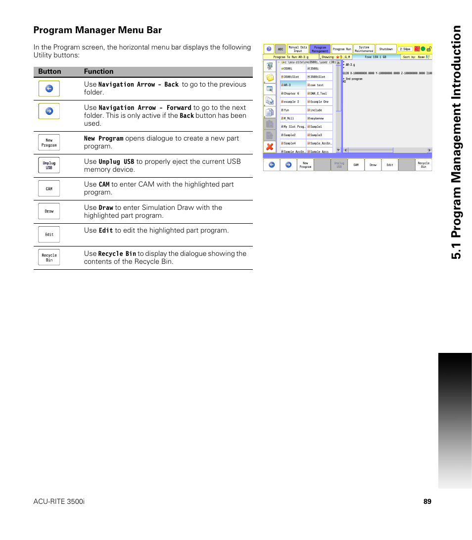 Program manager menu bar, 1 pr ogr am manag e ment intr oduction | ACU-RITE CNC 3500i User Manual | Page 115 / 474