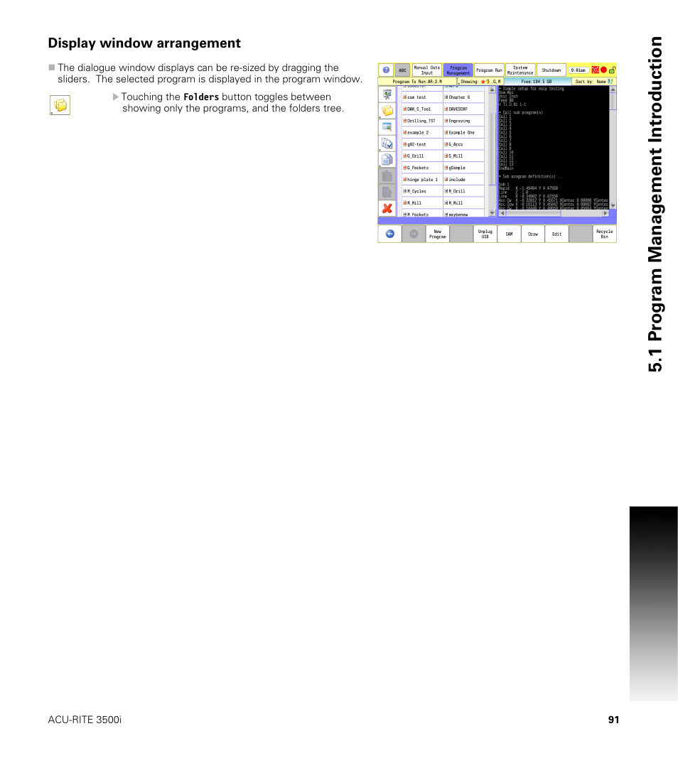 Display window arrangement, 1 pr ogr am manag e ment intr oduction | ACU-RITE CNC 3500i User Manual | Page 117 / 474