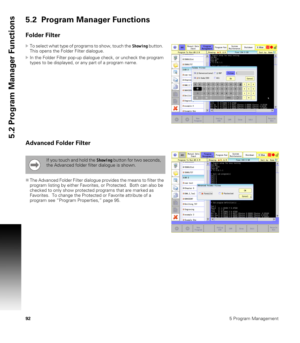 2 program manager functions, Folder filter, Advanced folder filter | ACU-RITE CNC 3500i User Manual | Page 118 / 474