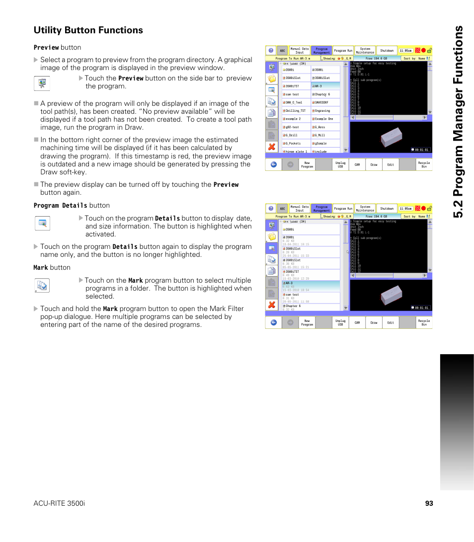 Utility button functions | ACU-RITE CNC 3500i User Manual | Page 119 / 474