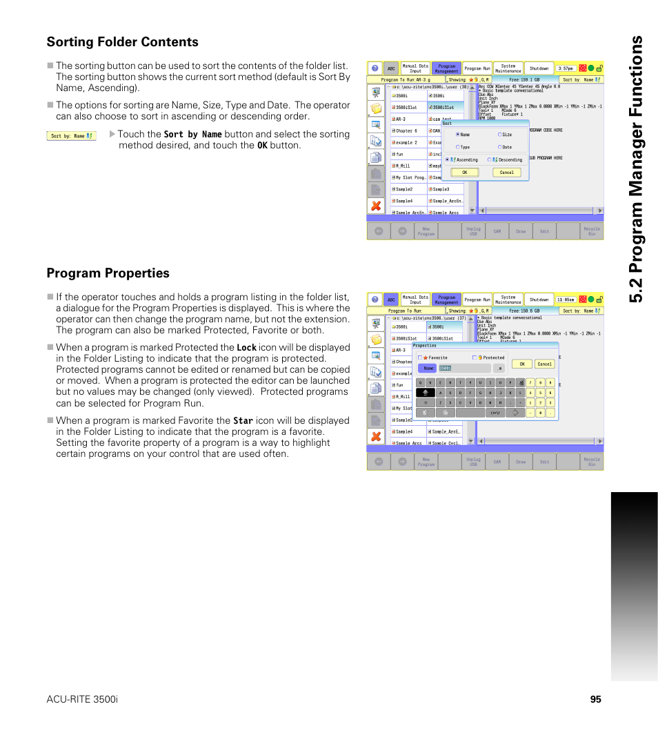 Sorting folder contents, Program properties | ACU-RITE CNC 3500i User Manual | Page 121 / 474