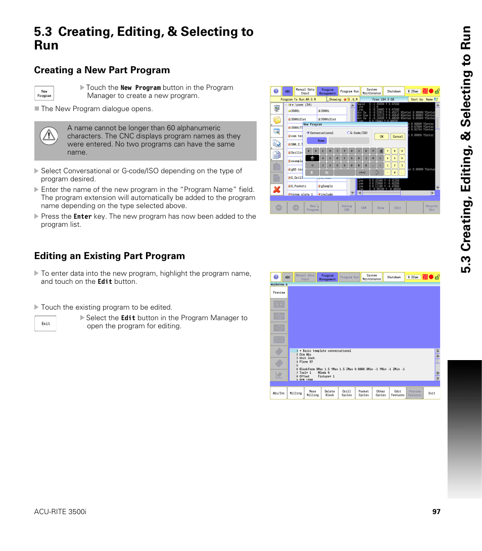 3 creating, editing, & selecting to run, Creating a new part program, Editing an existing part program | ACU-RITE CNC 3500i User Manual | Page 123 / 474