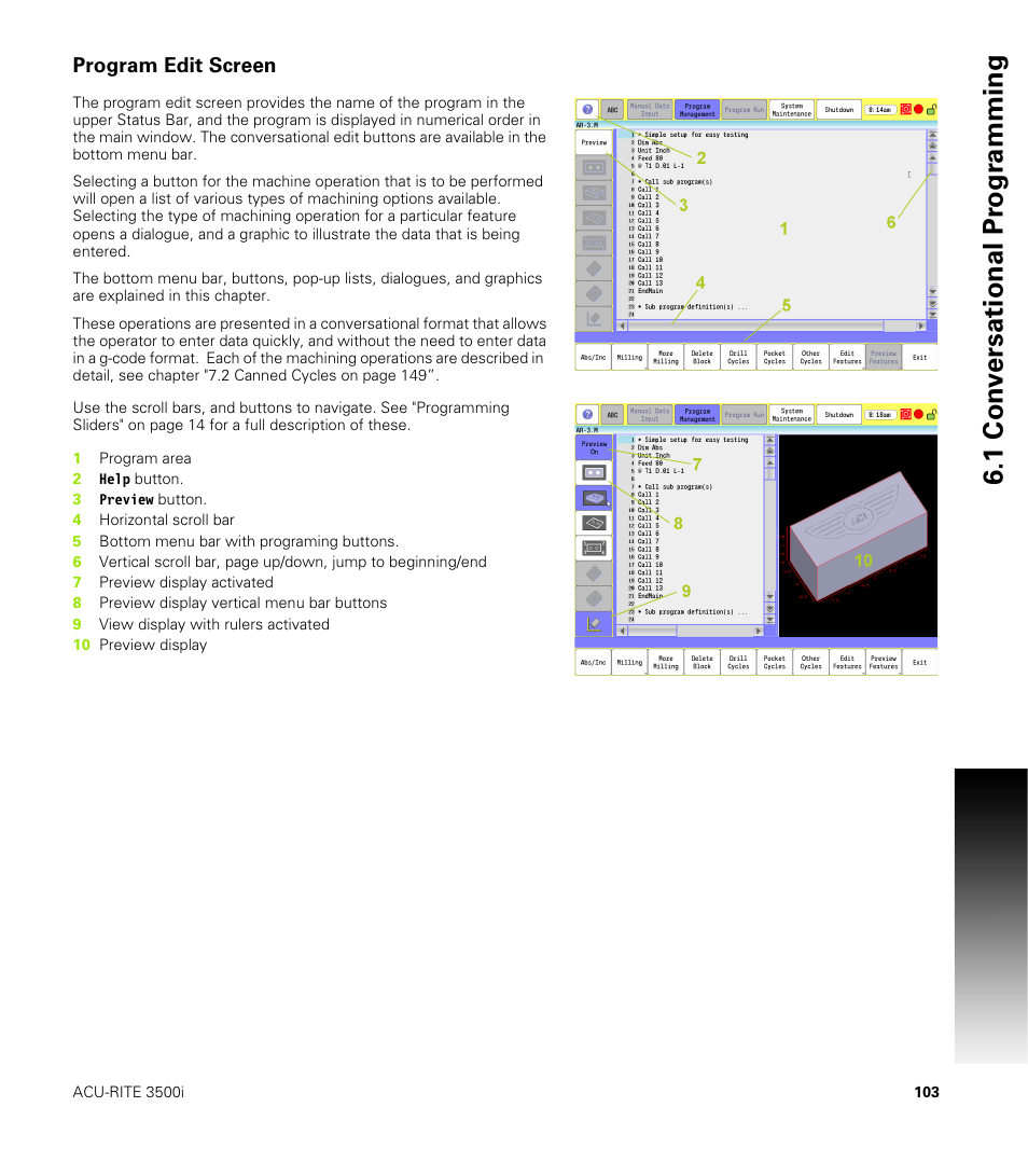 Program edit screen, 1 con v ersational pr ogr a mming | ACU-RITE CNC 3500i User Manual | Page 129 / 474