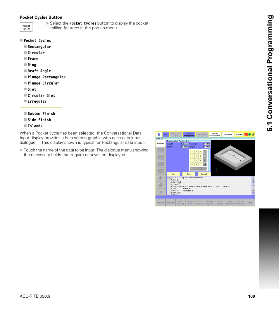 Pocket cycles button, 1 con v ersational pr ogr a mming | ACU-RITE CNC 3500i User Manual | Page 135 / 474