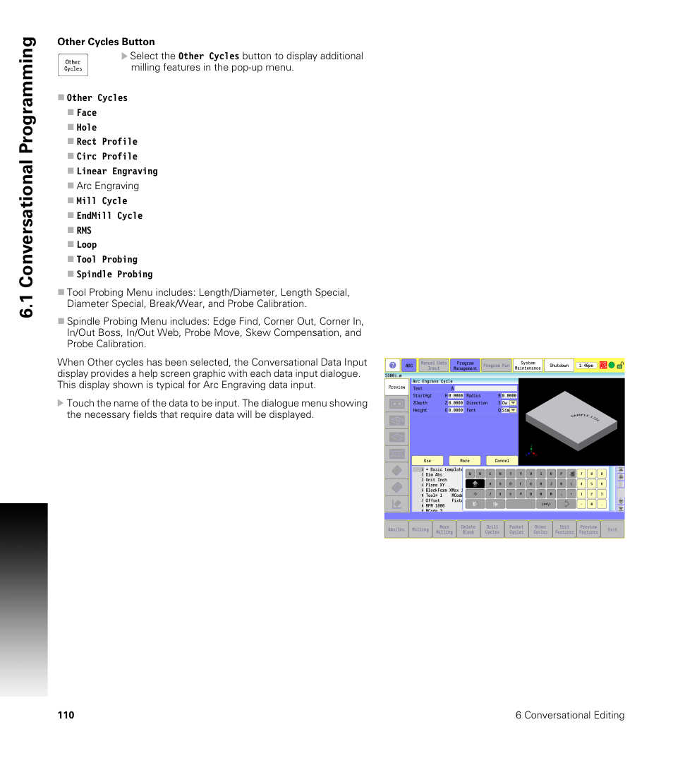 Other cycles button, 1 con v ersational pr ogr a mming | ACU-RITE CNC 3500i User Manual | Page 136 / 474