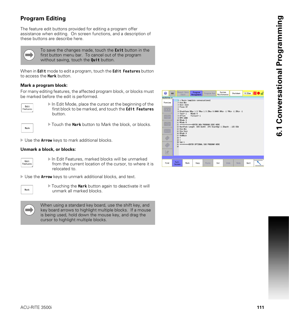 Program editing, Mark a program block, Unmark a block, or blocks | Mark a program block: unmark a block, or blocks, 1 con v ersational pr ogr a mming | ACU-RITE CNC 3500i User Manual | Page 137 / 474