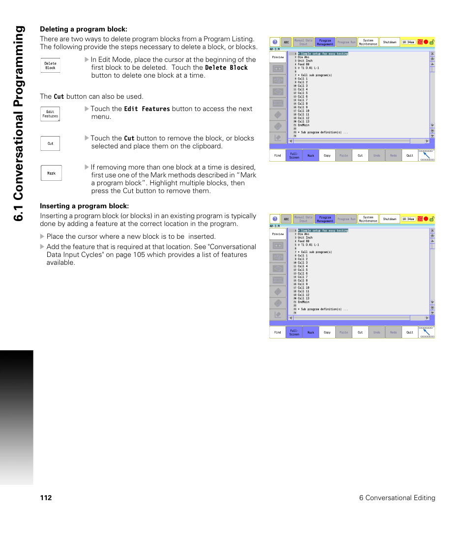 Deleting a program block, Inserting a program block, 1 con v ersational pr ogr a mming | ACU-RITE CNC 3500i User Manual | Page 138 / 474