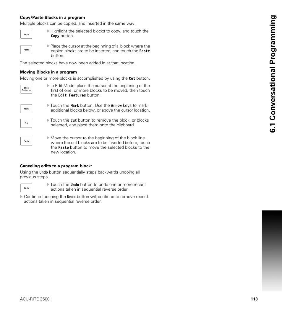 Copy/paste blocks in a program, Moving blocks in a program, Canceling edits to a program block | 1 con v ersational pr ogr a mming | ACU-RITE CNC 3500i User Manual | Page 139 / 474