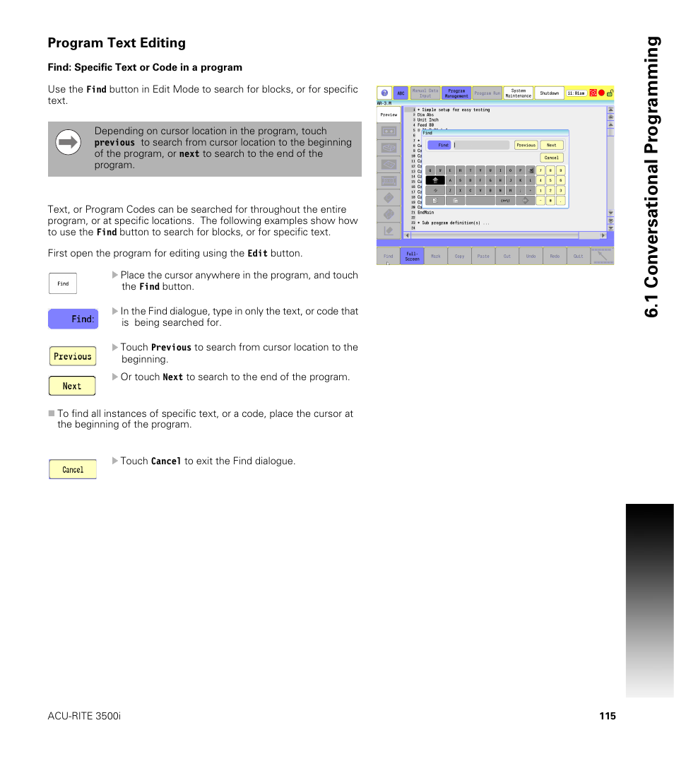 Program text editing, Find: specific text or code in a program, 1 con v ersational pr ogr a mming | ACU-RITE CNC 3500i User Manual | Page 141 / 474