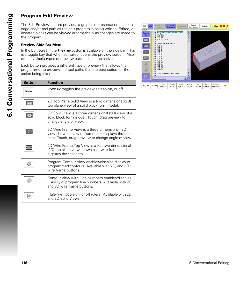 Program edit preview, Preview side bar menu, 1 con v ersational pr ogr a mming | ACU-RITE CNC 3500i User Manual | Page 142 / 474