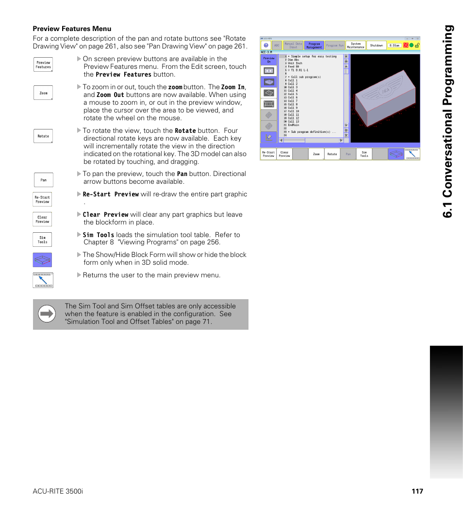 Preview features menu, 1 con v ersational pr ogr a mming | ACU-RITE CNC 3500i User Manual | Page 143 / 474