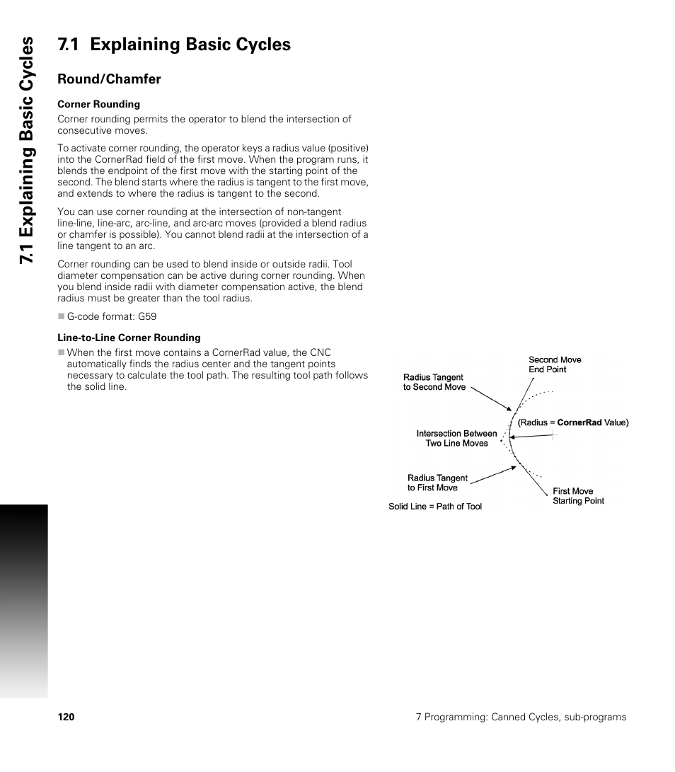 1 explaining basic cycles, Round/chamfer, Corner rounding | Line-to-line corner rounding, Corner rounding line-to-line corner rounding | ACU-RITE CNC 3500i User Manual | Page 146 / 474