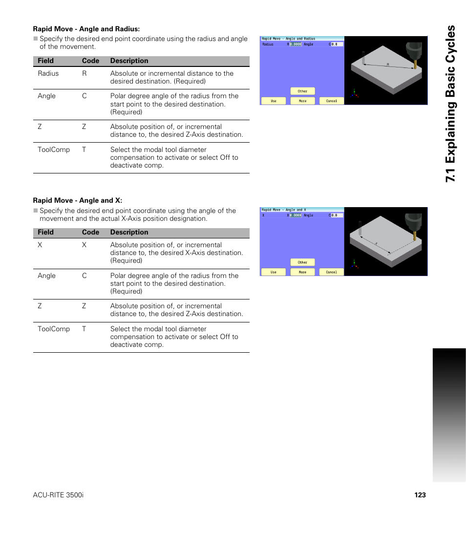 Rapid move - angle and radius, Rapid move - angle and x, 1 explaining basic cy cles | ACU-RITE CNC 3500i User Manual | Page 149 / 474