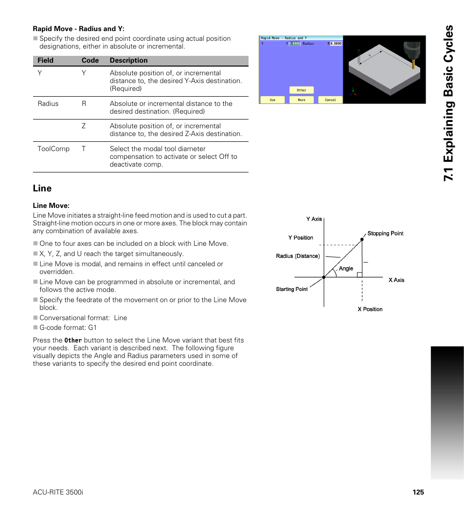 Rapid move - radius and y, Line, Line move | 1 explaining basic cy cles | ACU-RITE CNC 3500i User Manual | Page 151 / 474