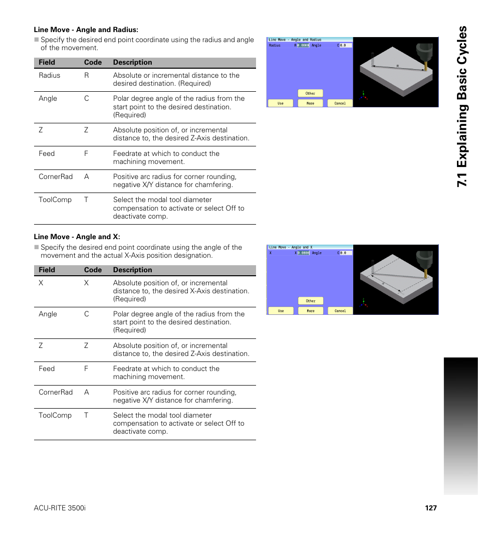 Line move - angle and radius, Line move - angle and x, 1 explaining basic cy cles | ACU-RITE CNC 3500i User Manual | Page 153 / 474