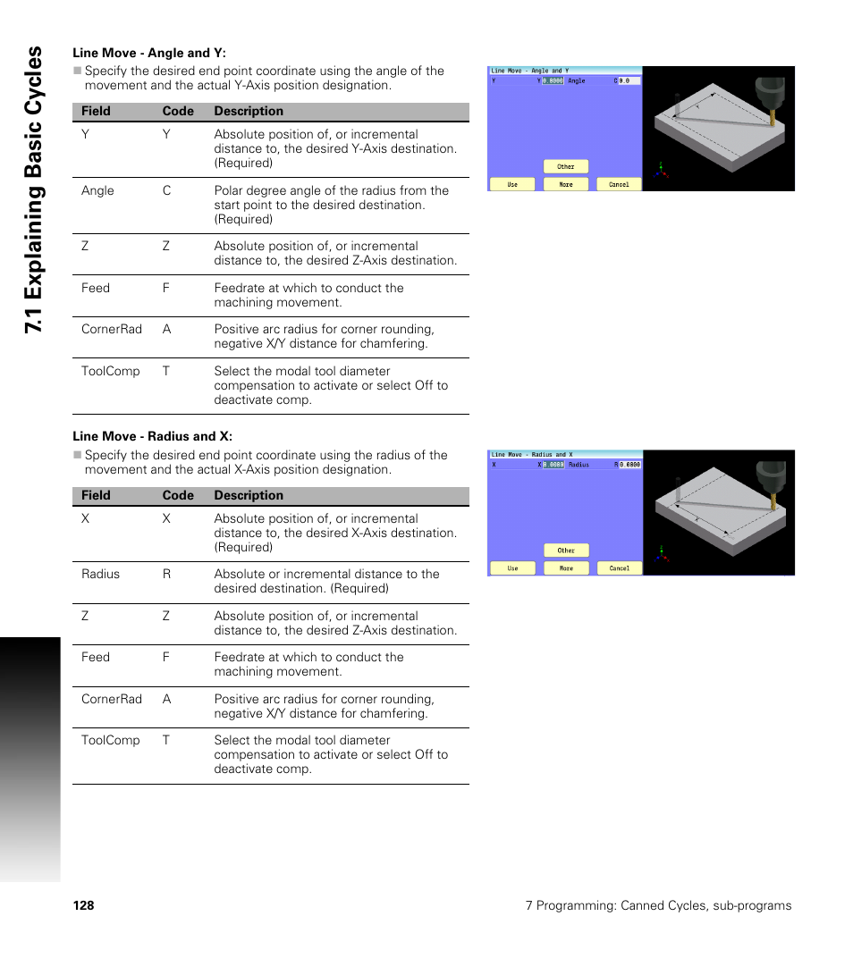 Line move - angle and y, Line move - radius and x, Line move - angle and y: line move - radius and x | 1 explaining basic cy cles | ACU-RITE CNC 3500i User Manual | Page 154 / 474