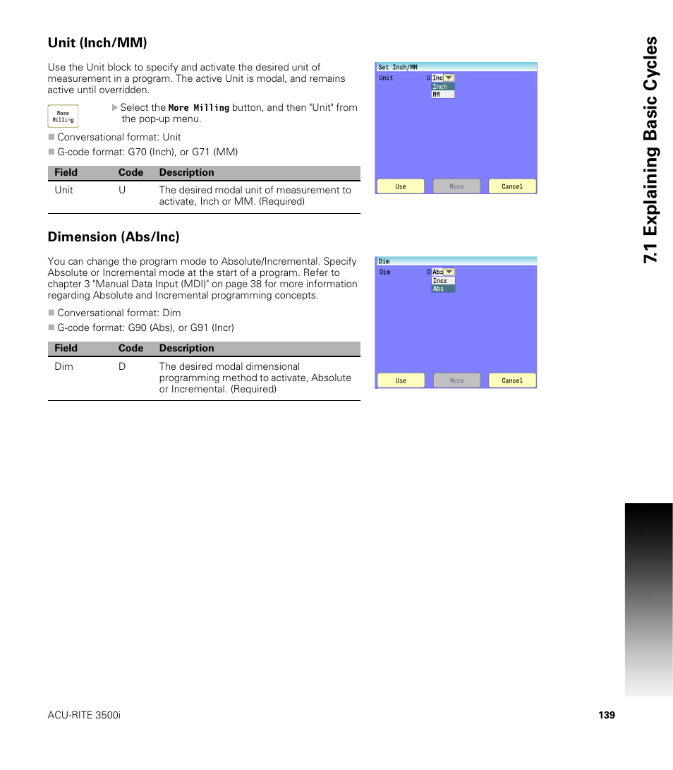 Unit (inch/mm), Dimension (abs/inc), 1 explaining basic cy cles | ACU-RITE CNC 3500i User Manual | Page 165 / 474