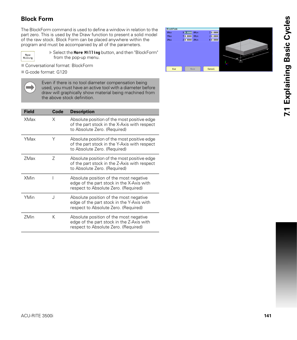 Block form, 1 explaining basic cy cles | ACU-RITE CNC 3500i User Manual | Page 167 / 474