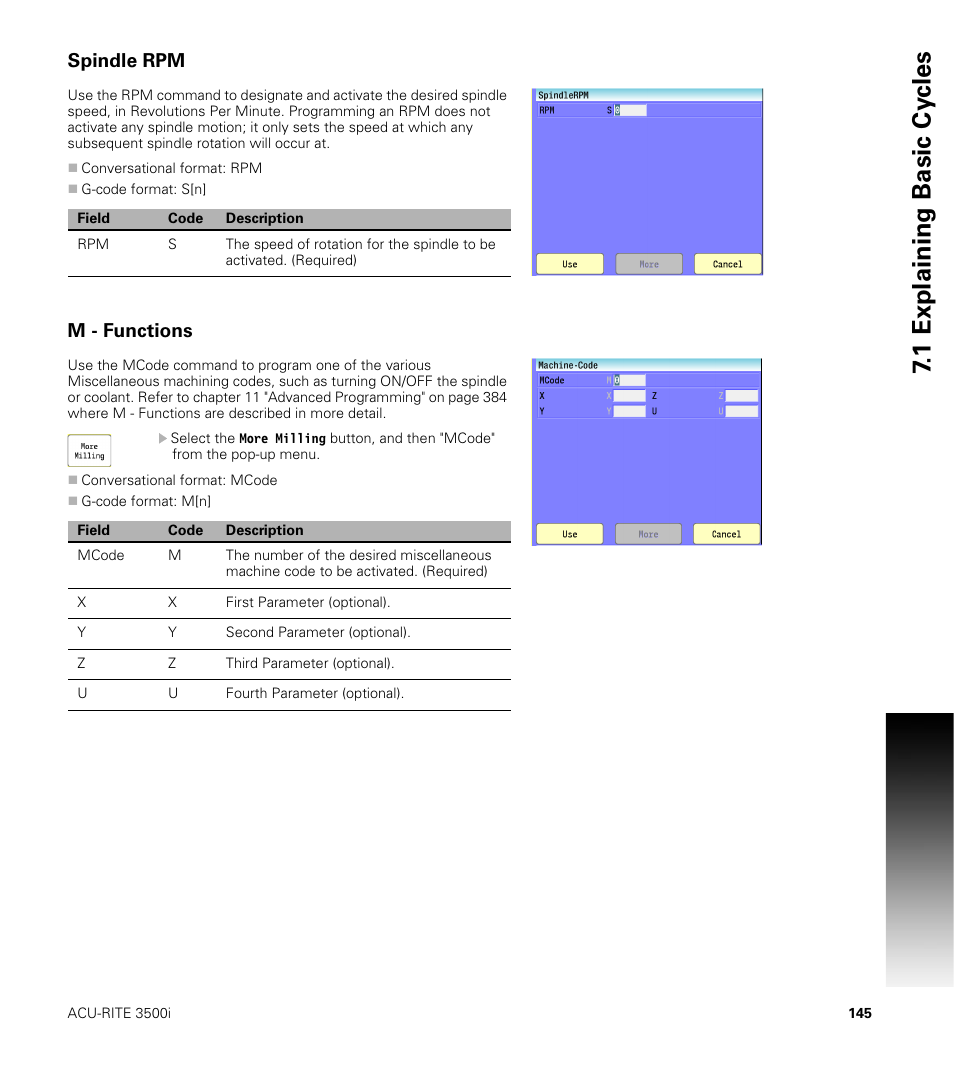 Spindle rpm, M - functions, 1 explaining basic cy cles | ACU-RITE CNC 3500i User Manual | Page 171 / 474