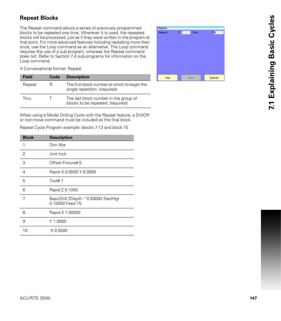 Repeat blocks, 1 explaining basic cy cles | ACU-RITE CNC 3500i User Manual | Page 173 / 474