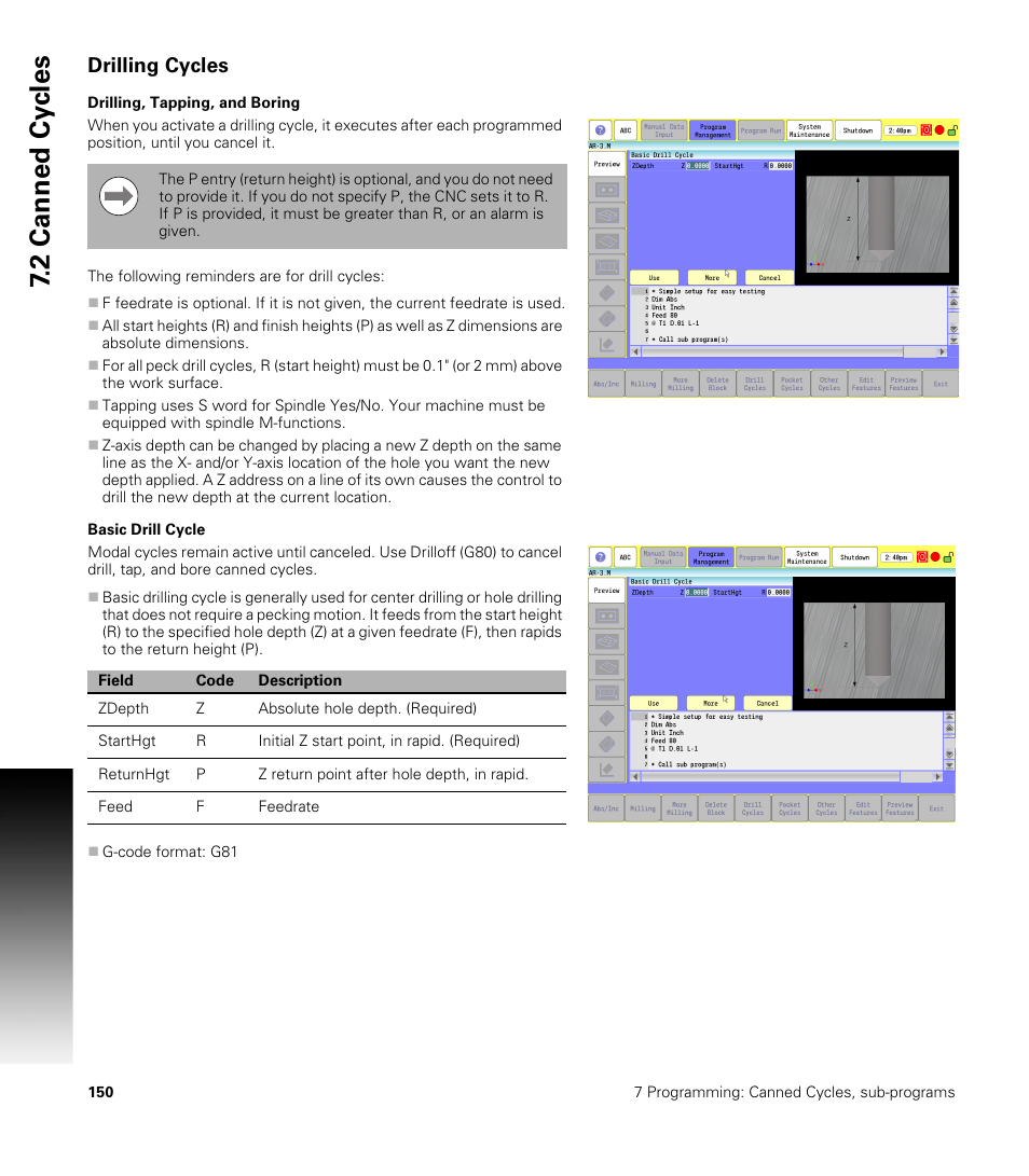 Drilling cycles, Drilling, tapping, and boring, Basic drill cycle | Drilling, tapping, and boring basic drill cycle, 2 canned cy cles | ACU-RITE CNC 3500i User Manual | Page 176 / 474