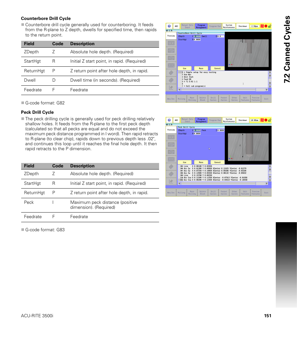 Counterbore drill cycle, Peck drill cycle, Counterbore drill cycle peck drill cycle | ACU-RITE CNC 3500i User Manual | Page 177 / 474