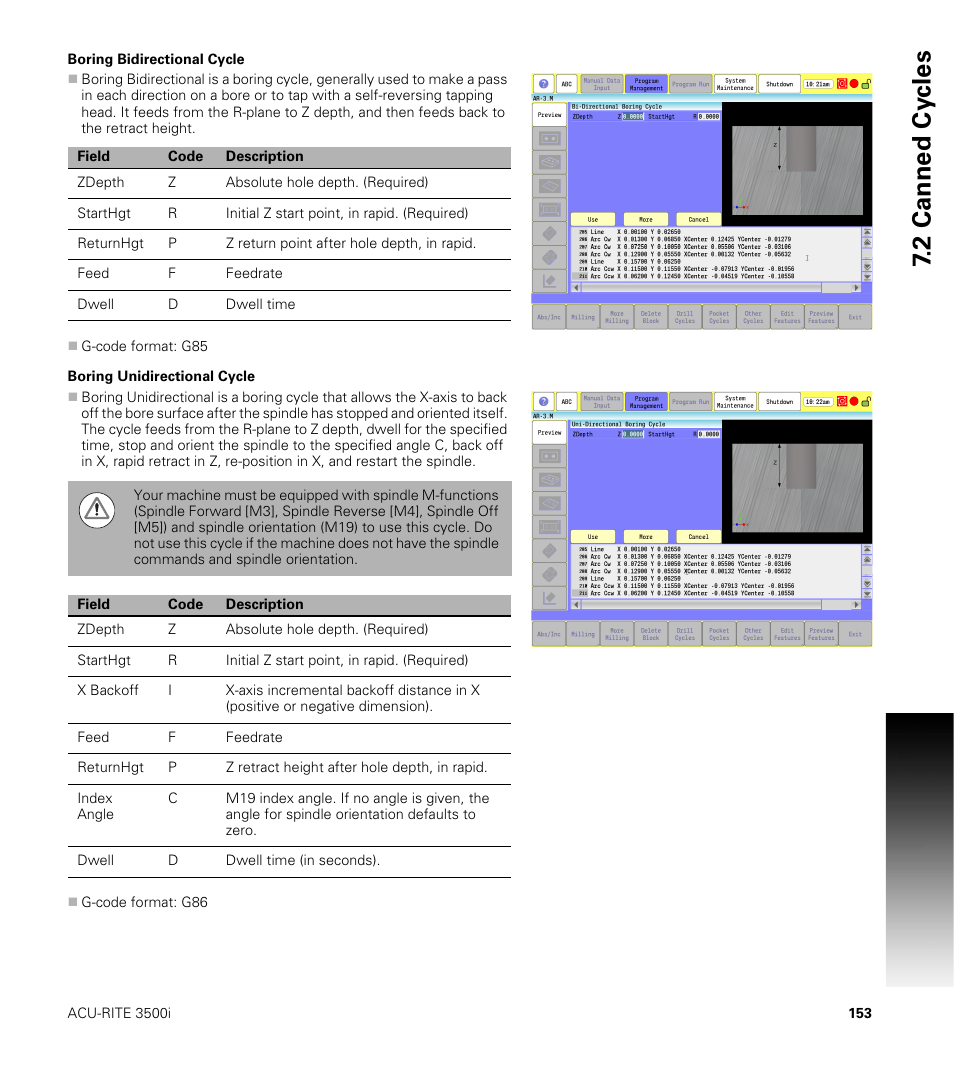 Boring bidirectional cycle, Boring unidirectional cycle | ACU-RITE CNC 3500i User Manual | Page 179 / 474