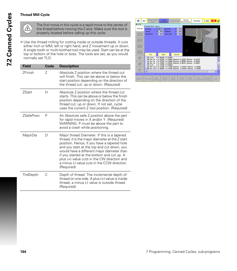 Thread mill cycle, 2 canned cy cles | ACU-RITE CNC 3500i User Manual | Page 190 / 474