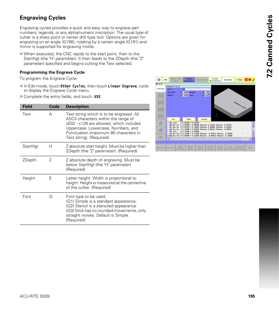 Engraving cycles, Programming the engrave cycle | ACU-RITE CNC 3500i User Manual | Page 221 / 474