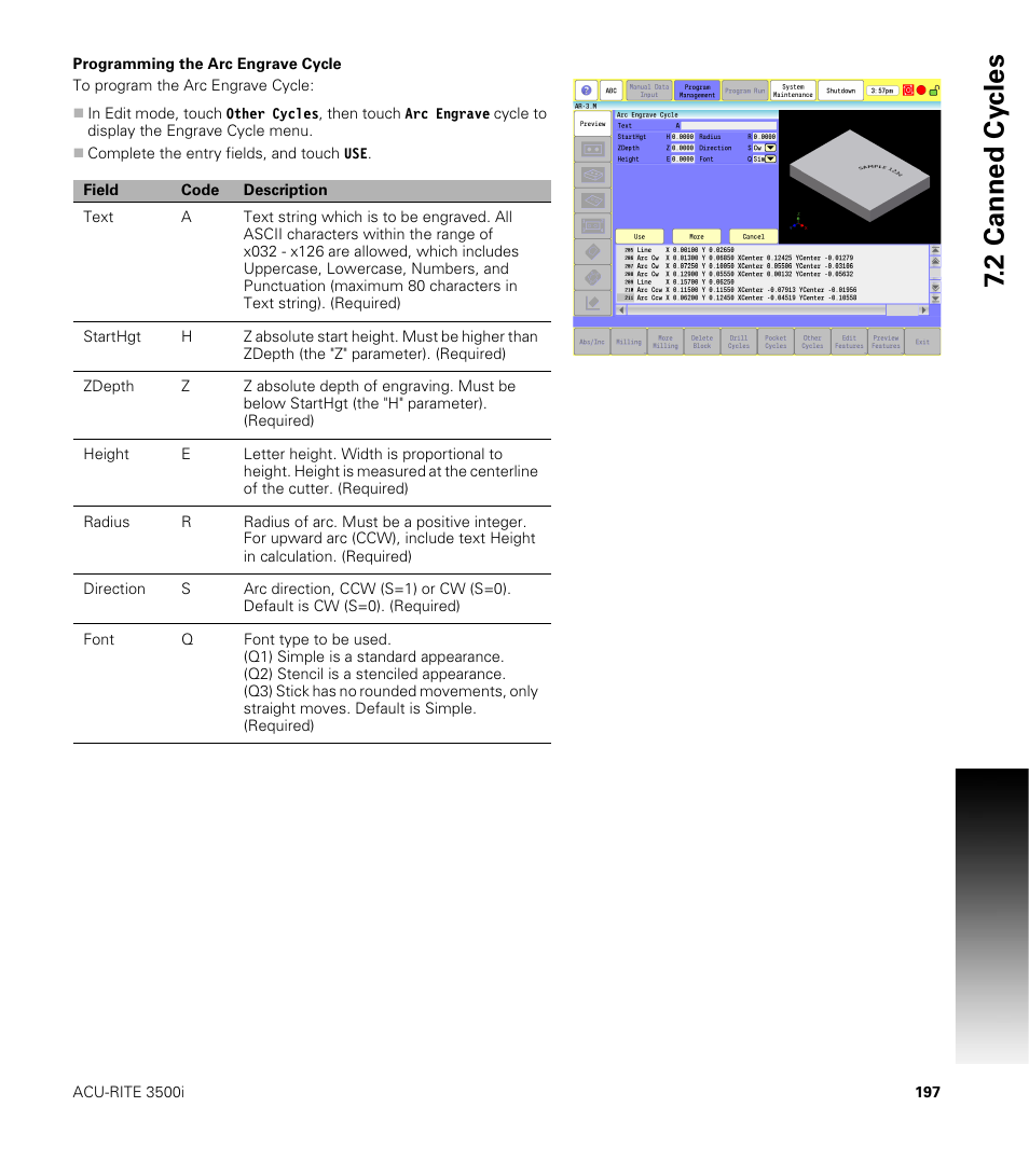 Programming the arc engrave cycle | ACU-RITE CNC 3500i User Manual | Page 223 / 474