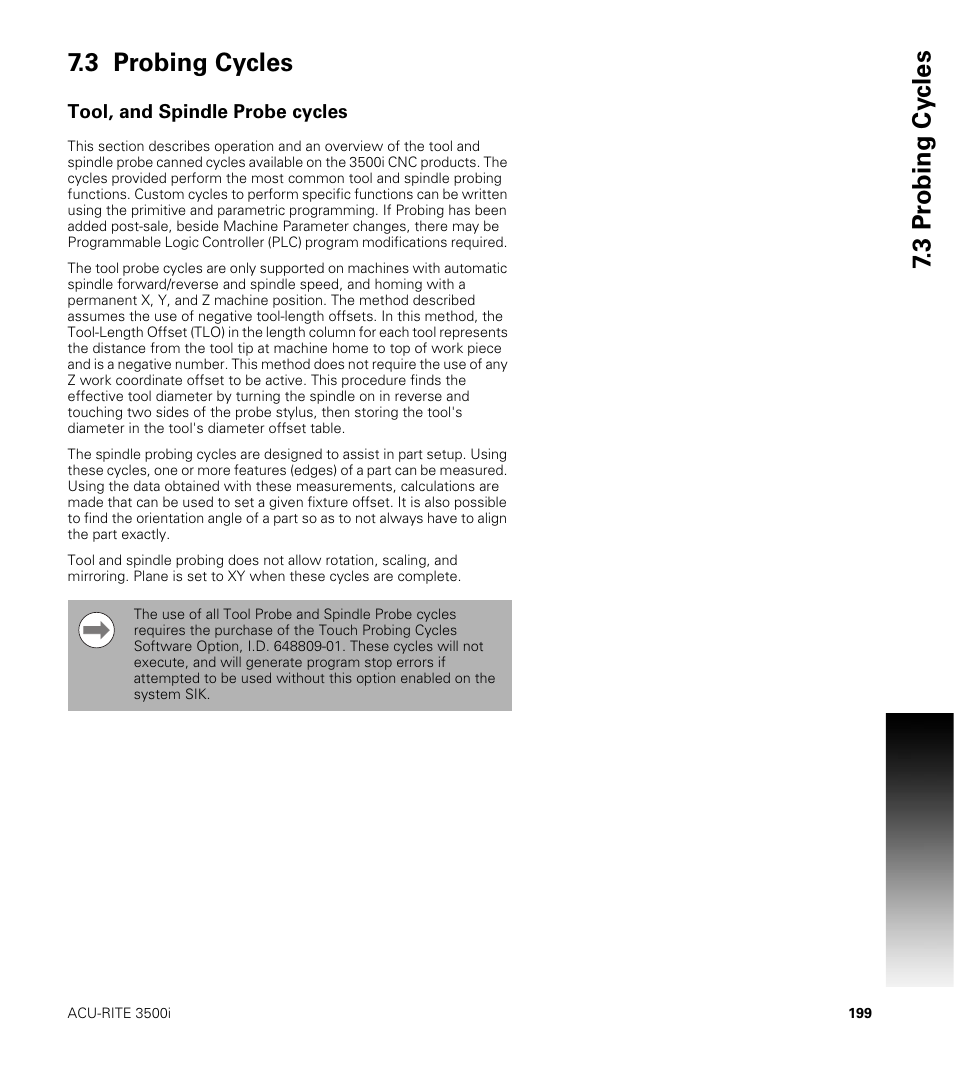 3 probing cycles, Tool, and spindle probe cycles, 3 pr obing cy cles 7.3 probing cycles | ACU-RITE CNC 3500i User Manual | Page 225 / 474