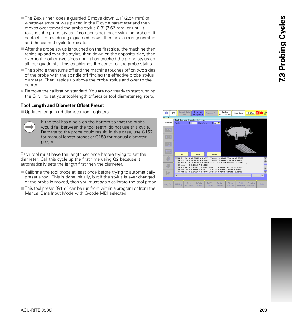 Tool length and diameter offset preset, 3 pr obing cy cles | ACU-RITE CNC 3500i User Manual | Page 229 / 474