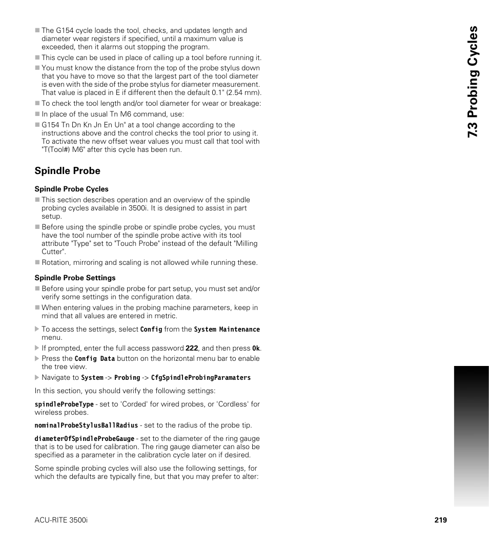 Spindle probe, Spindle probe cycles, Spindle probe settings | Spindle probe cycles spindle probe settings, 3 pr obing cy cles | ACU-RITE CNC 3500i User Manual | Page 245 / 474