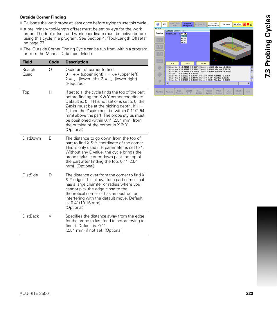 Outside corner finding, 3 pr obing cy cles | ACU-RITE CNC 3500i User Manual | Page 249 / 474