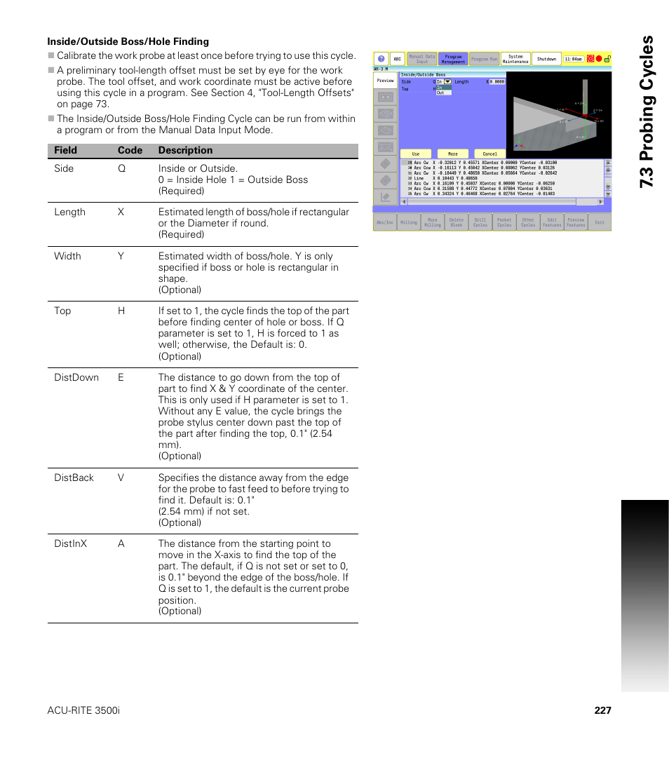 Inside/outside boss/hole finding, 3 pr obing cy cles | ACU-RITE CNC 3500i User Manual | Page 253 / 474