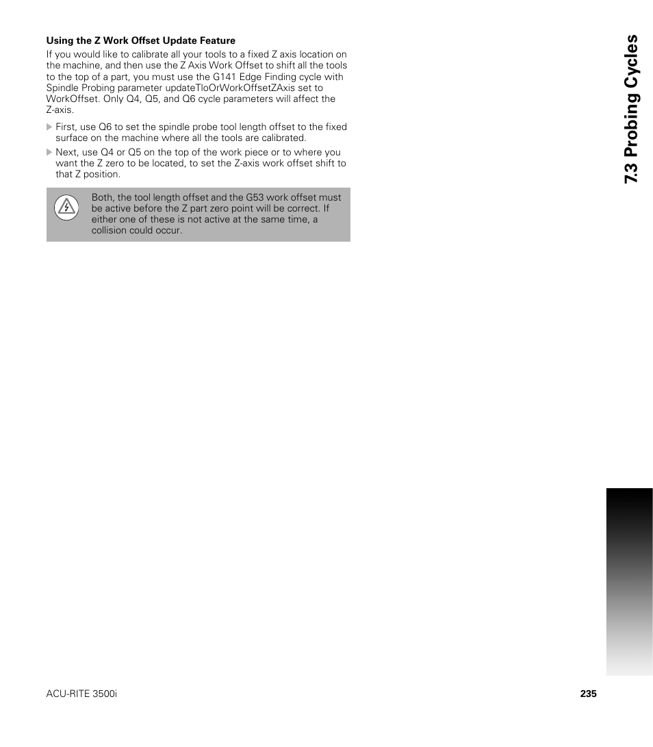 Using the z work offset update feature, 3 pr obing cy cles | ACU-RITE CNC 3500i User Manual | Page 261 / 474