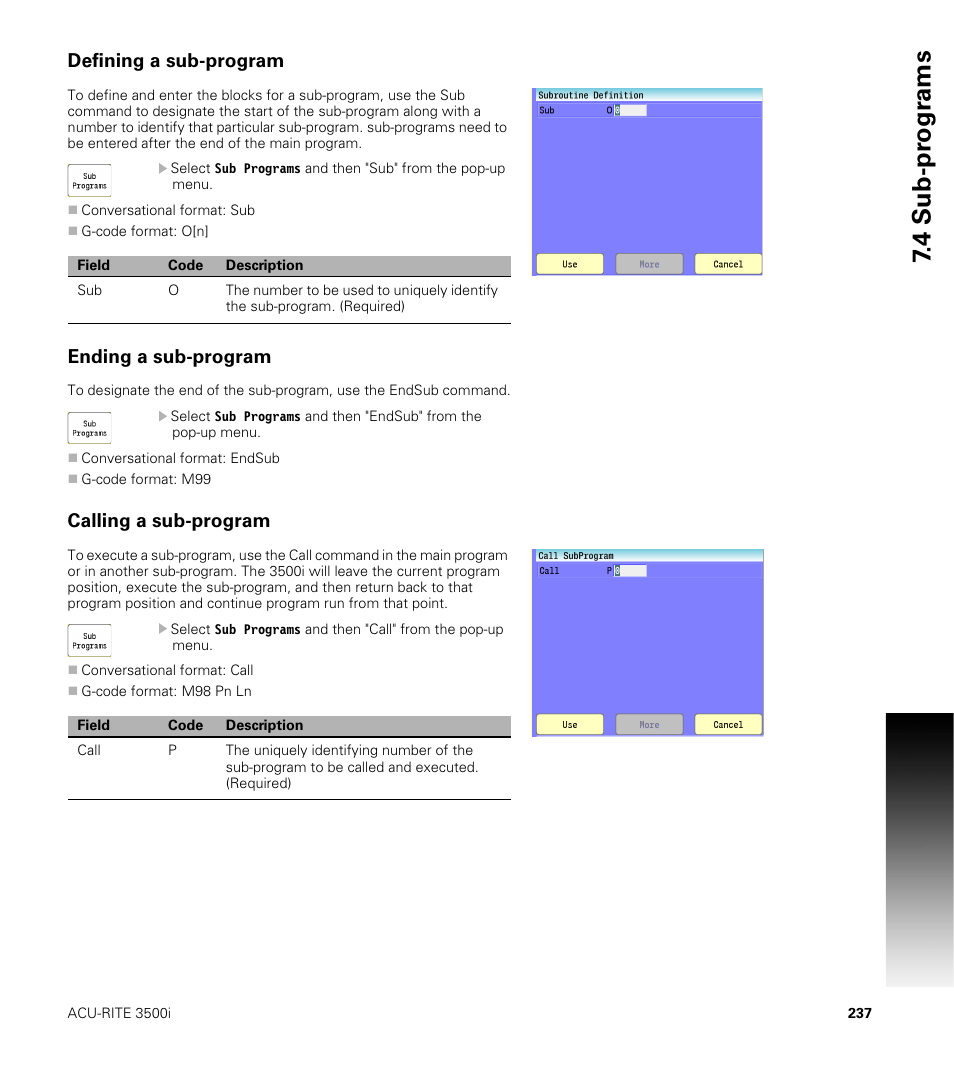 Defining a sub-program, Ending a sub-program, Calling a sub-program | 4 sub-pr ogr ams | ACU-RITE CNC 3500i User Manual | Page 263 / 474