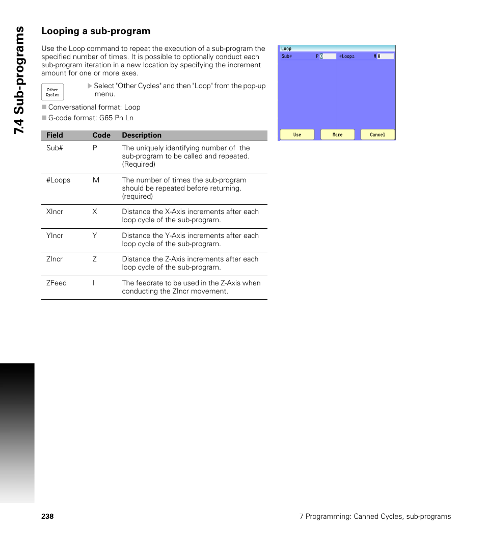 Looping a sub-program, 4 sub-pr ogr a ms | ACU-RITE CNC 3500i User Manual | Page 264 / 474