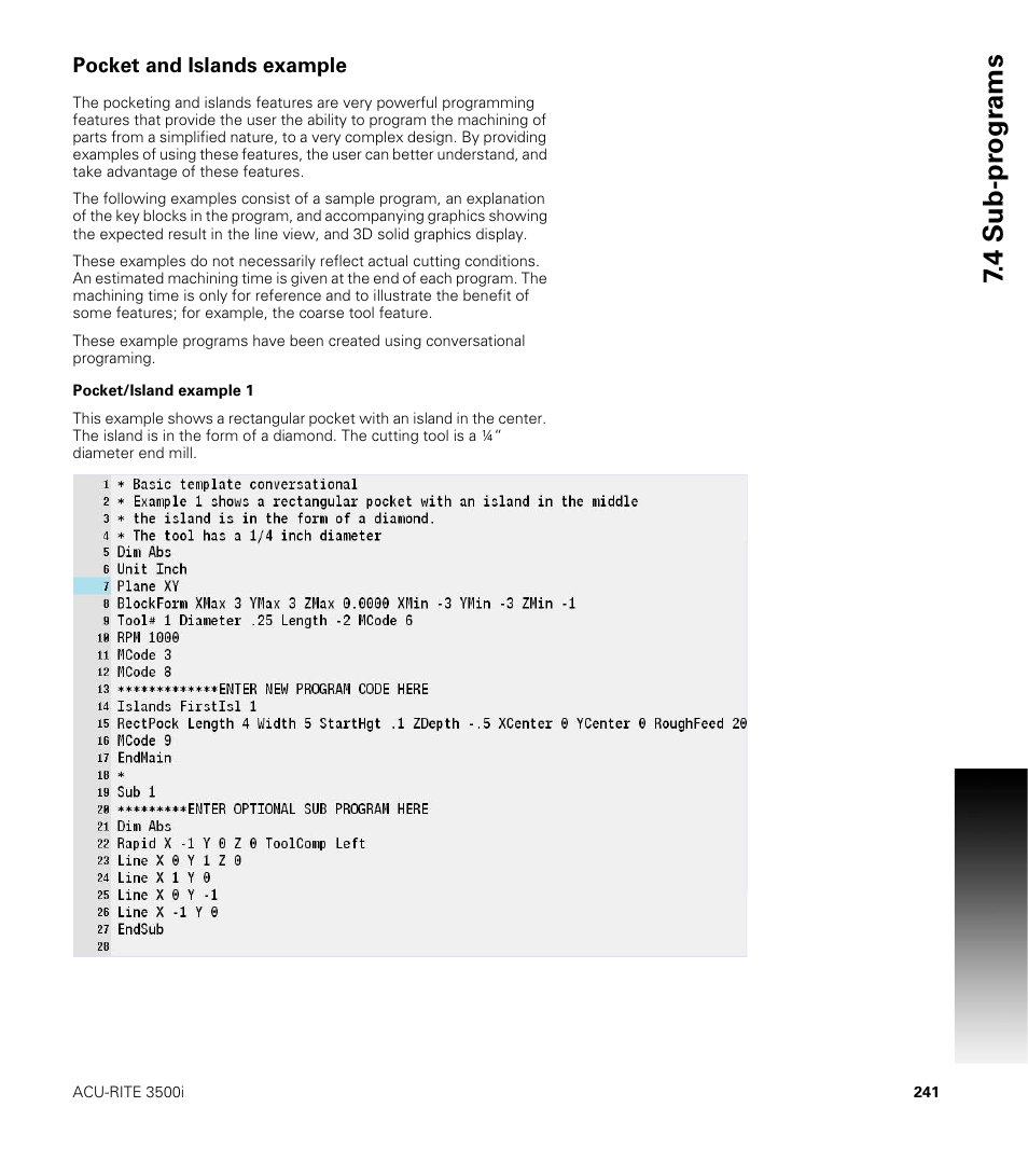 Pocket and islands example, Pocket/island example 1, 4 sub-pr ogr ams | ACU-RITE CNC 3500i User Manual | Page 267 / 474