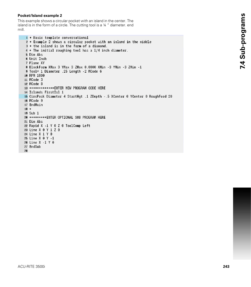 Pocket/island example 2, 4 sub-pr ogr ams | ACU-RITE CNC 3500i User Manual | Page 269 / 474